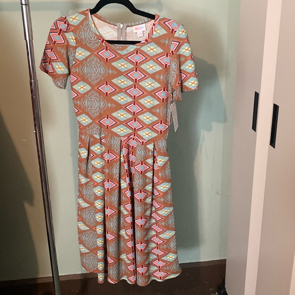 Lularoe small tan and blue Amelia dress